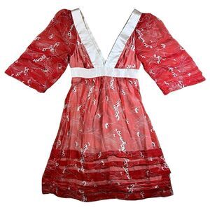 Development by Erica Davies Red Floral Sheer 100% Silk Floral Print Dress Size 0